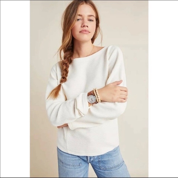Anthropologie x Maeve • chrissy ribbed dolman-sleeved sweater cream sz M petite - Picture 2 of 10